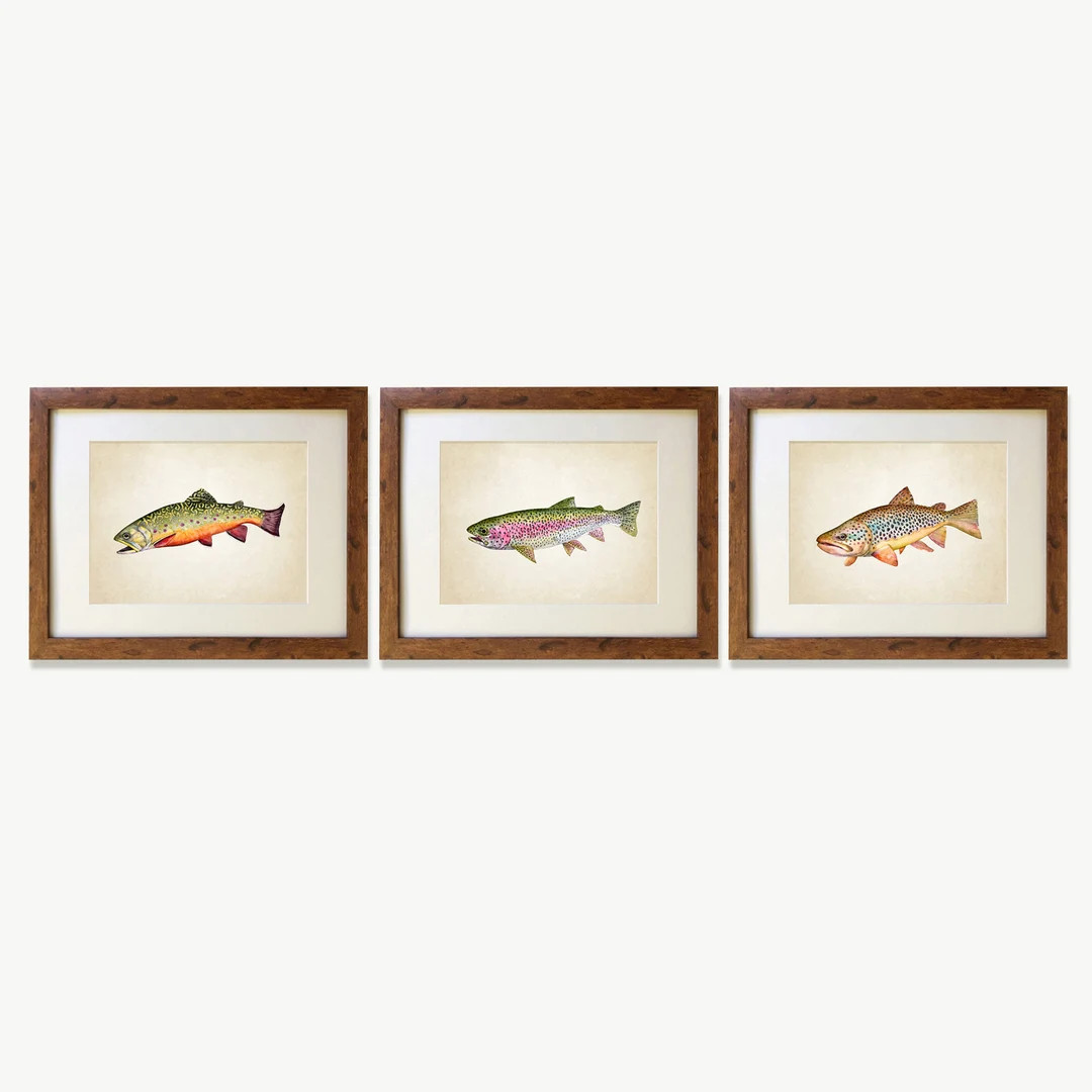 Trout Art Print Set, Watercolor Paintings, Vintage, Retro Style, Brook Trout, Rainbow Trout, Brow... | Etsy (US)