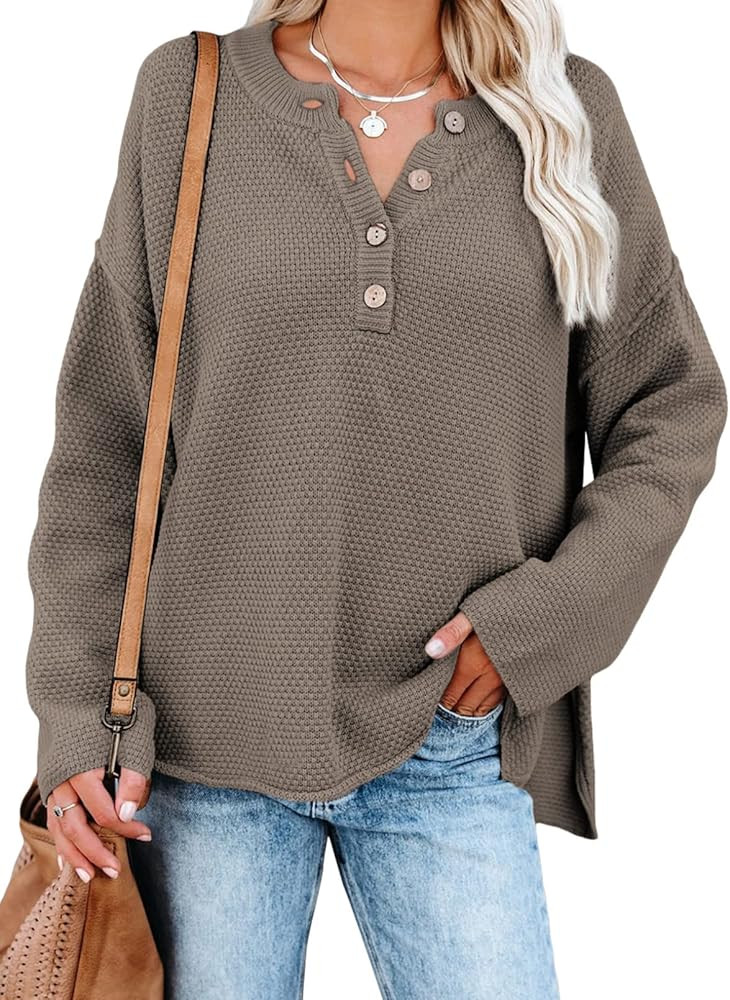 SHEWIN Women's Waffle Knit Long Sleeve V Neck Oversized Sweaters for Women Trendy 2023 | Amazon (US)