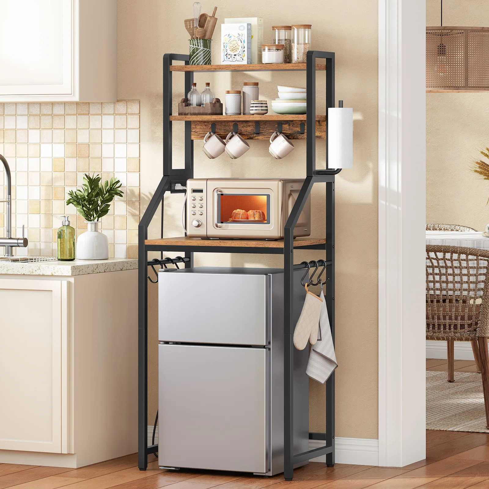17 Stories Bakers Rack With Mini Fridge Shelf, 2-in-1 Modular Microwave Stand With Power Outlet, Coffee Bar Organizer For Kitchen, Dining Room & Reviews | Wayfair | Wayfair North America
