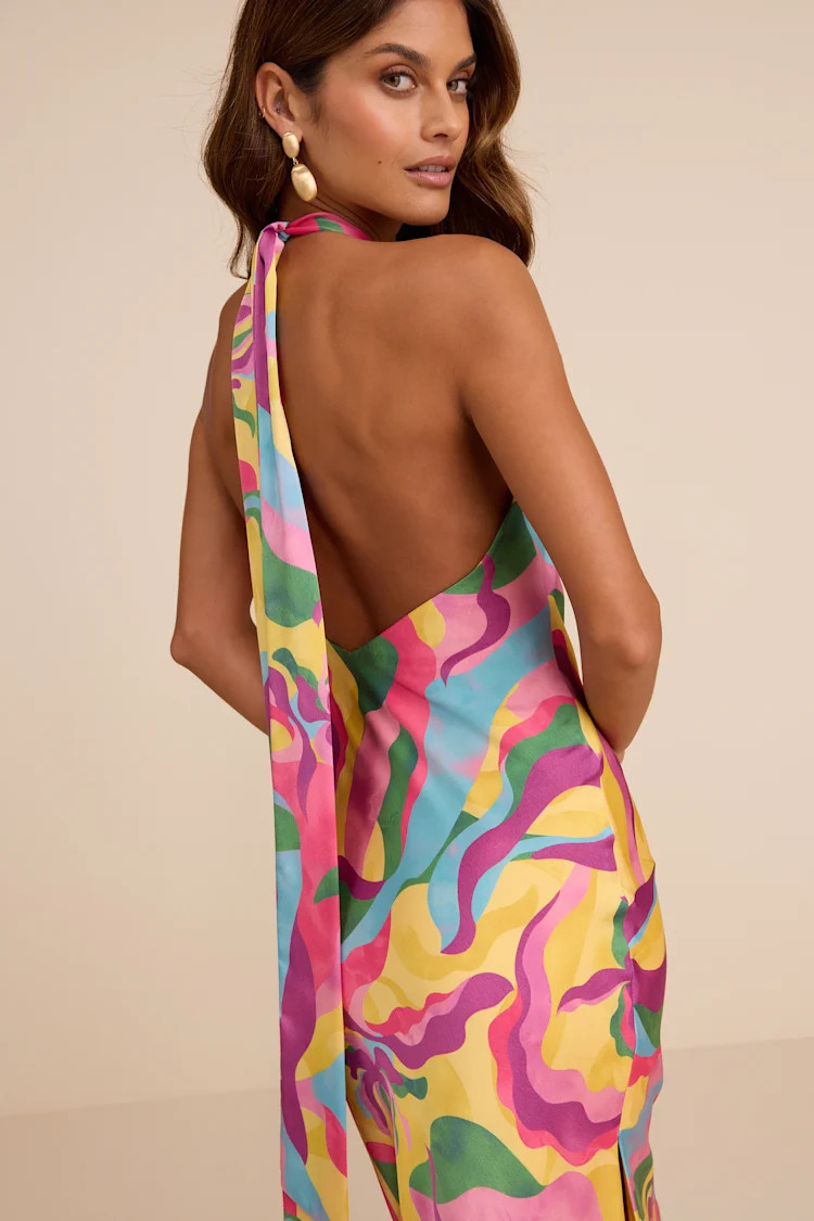 Glowing Presence Yellow Multi Abstract Satin Halter Maxi Dress | Lulus