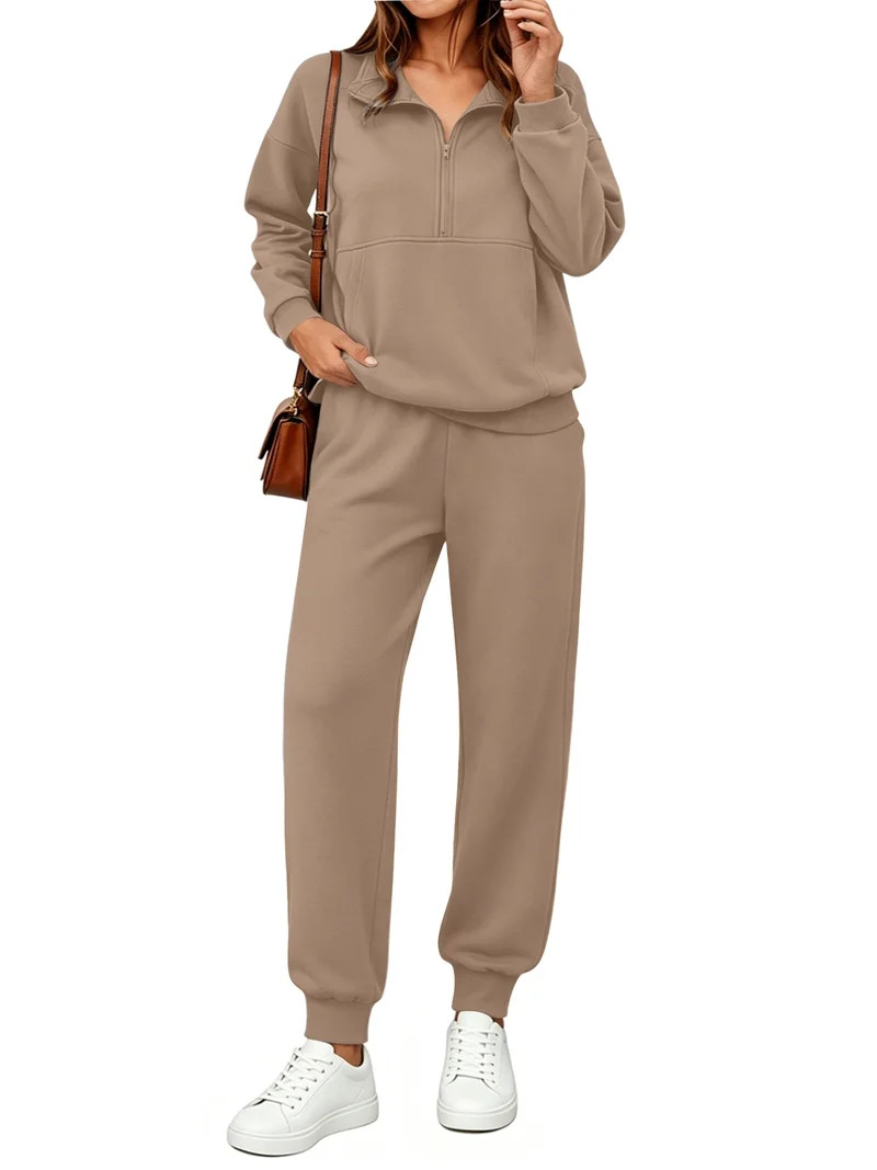 UVN 2 Piece Outfits Sets for Women Winter Half Zip Sweatsuits Long Sleeve Jogger Suit Ladies Casu... | Walmart (US)