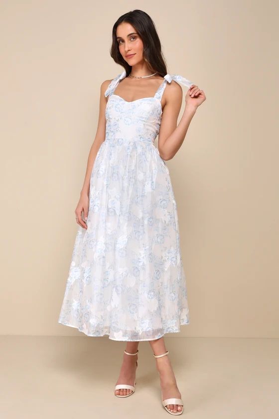 Beautifully Adored White Floral Burnout Tie-Strap Midi Dress | Lulus