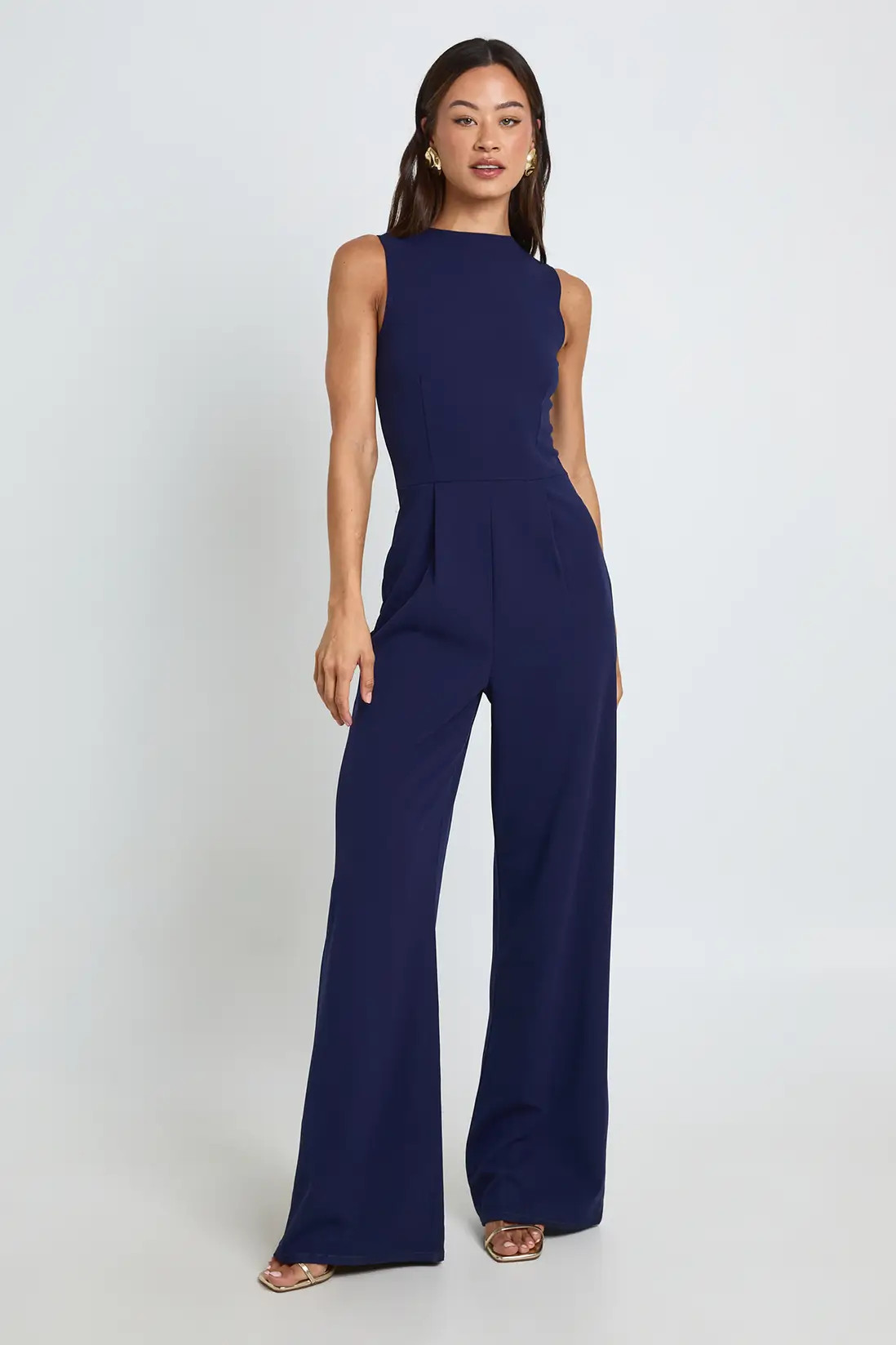 Navy boohoo Tall Tailored High Neck Cinched Waist Wide Leg Jumpsuit | PrettyLittleThing USA | PrettyLittleThing US