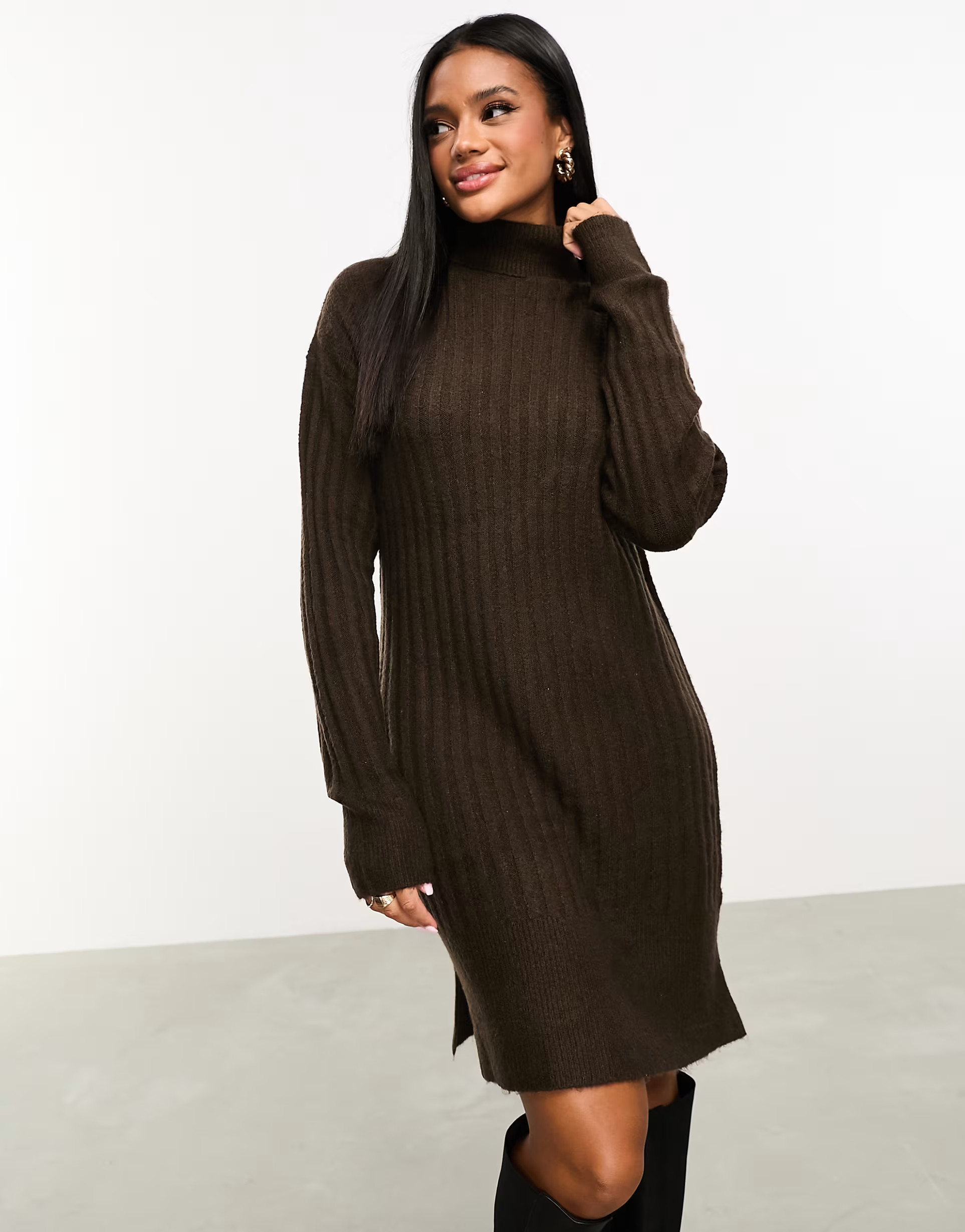 Threadbare Naveah roll neck ribbed mini jumper dress in chocolate brown | ASOS (Global)