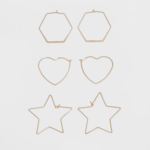Hoop Trio with Hexagon, Heart, and Star Shape Earring Set - Wild Fable™ Gold | Target