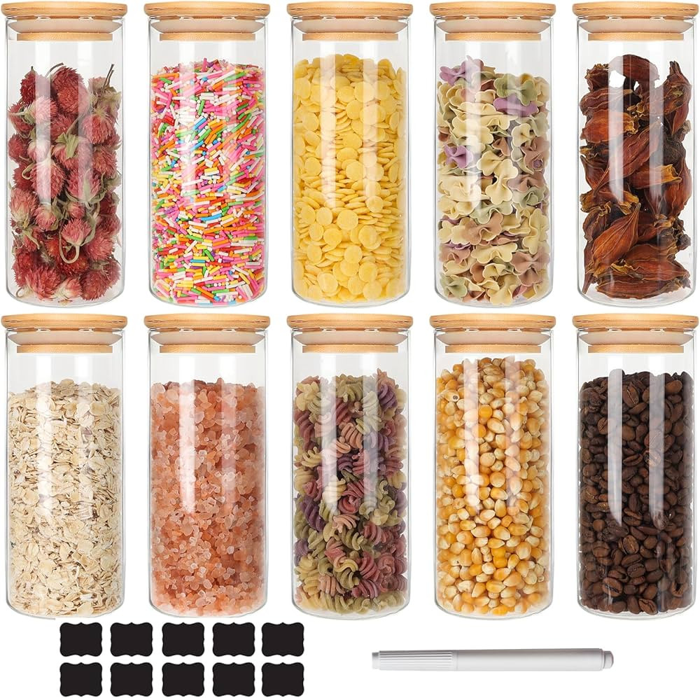 Glass Food Storage Containers Jars with Airtight Bamboo Lid 14 oz 10 pcs, 450 ml Pantry Organizat... | Amazon (US)