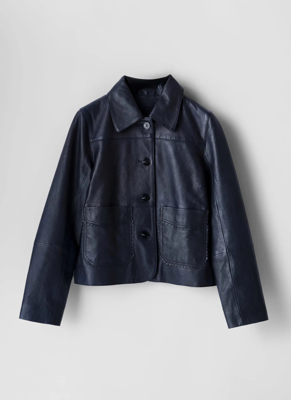 Navy Leather Scallop Detail Jacket | Mint Velvet