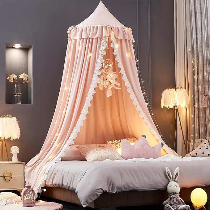 Kertnic Bed Canopy for Girls, Ruffled Soft Pink Princess Canopy Dreamy Bow Decor, Bed Canopies fo... | Amazon (US)