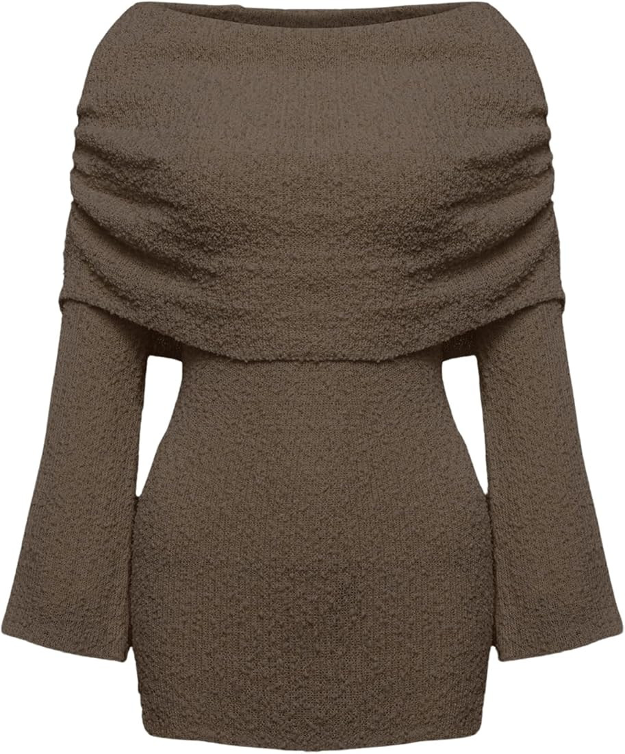 Floerns Women's Fold Off Shoulder Long Sleeve Rib Knit Pencil Sweater Dress | Amazon (US)