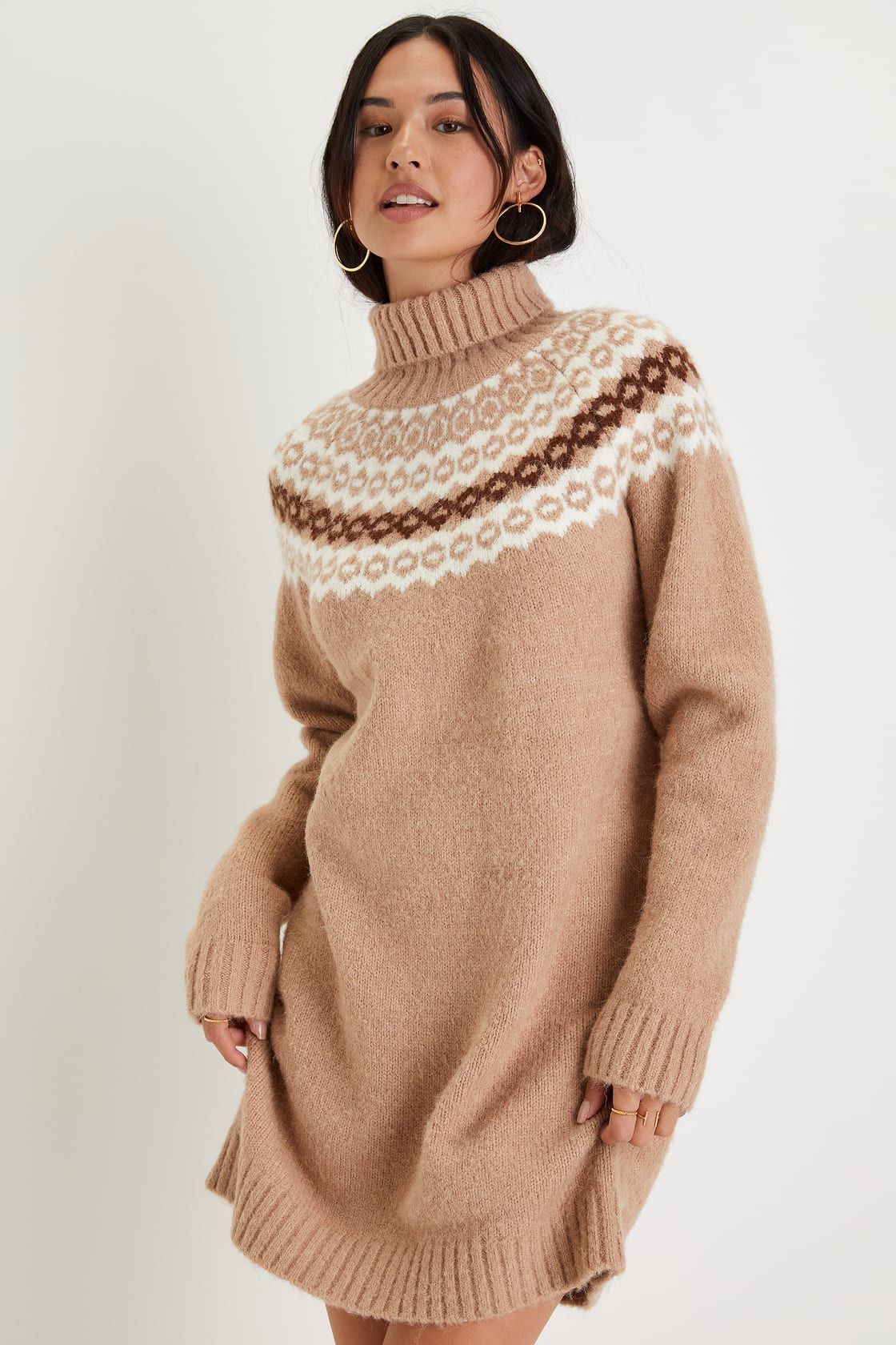Seasonal Charmer Beige Multi Knit Turtleneck Sweater Mini Dress | Lulus (US)