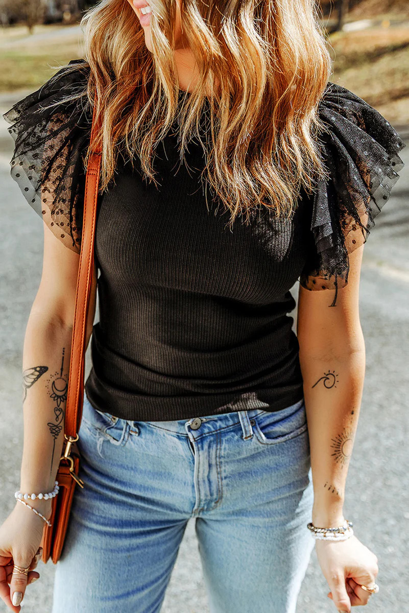 Dotty Mesh Ruffle Sleeve Ribbed Knit Top | Jane Fashion INC.