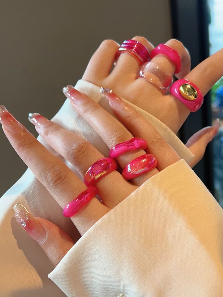 8pcs/set Fashionable Pink Punk Style Resin Ring For Women Party Accessories | SHEIN