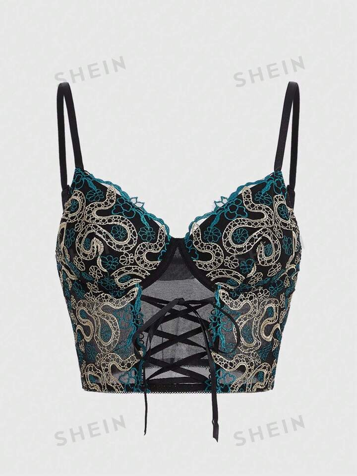 ROMWE Goth Snake Embroidery Lace Up Cami Top | SHEIN