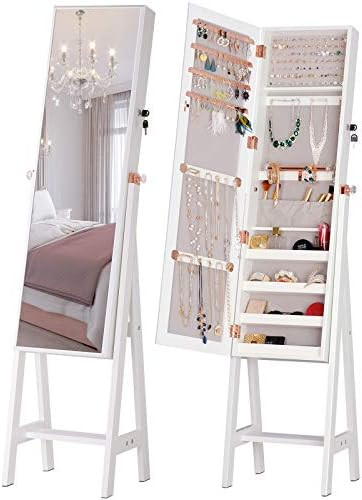 LUXFURNI Jewelry Cabinet Standing Full Screen Mirror Makeup Lockable Armoire, Large Cosmetic Stor... | Amazon (US)