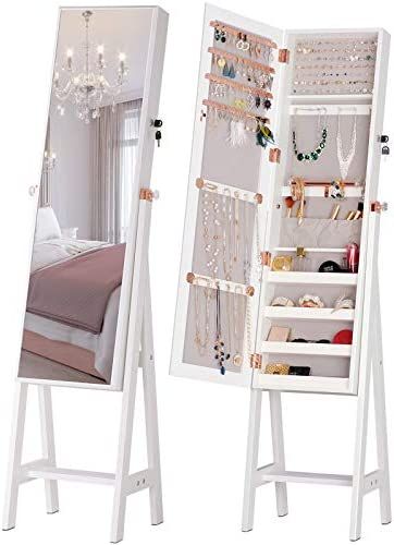 LUXFURNI Jewelry Cabinet Standing Full Screen Mirror Makeup Lockable Armoire, Large Cosmetic Stor... | Amazon (US)