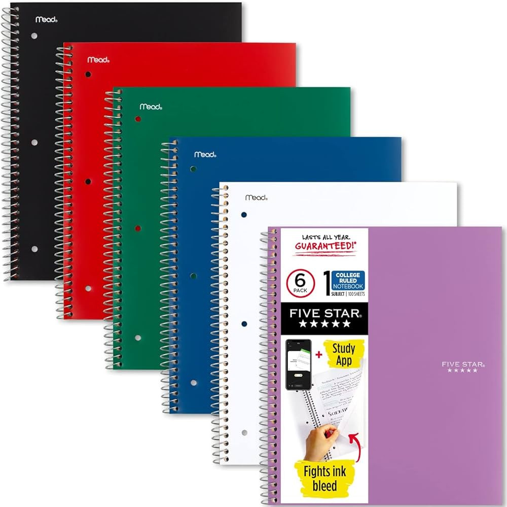 Five Star Spiral Notebook + Study App, 6 Pack, 1 Subject, College Ruled Paper, 8-1/2" x 11", 100 ... | Amazon (US)