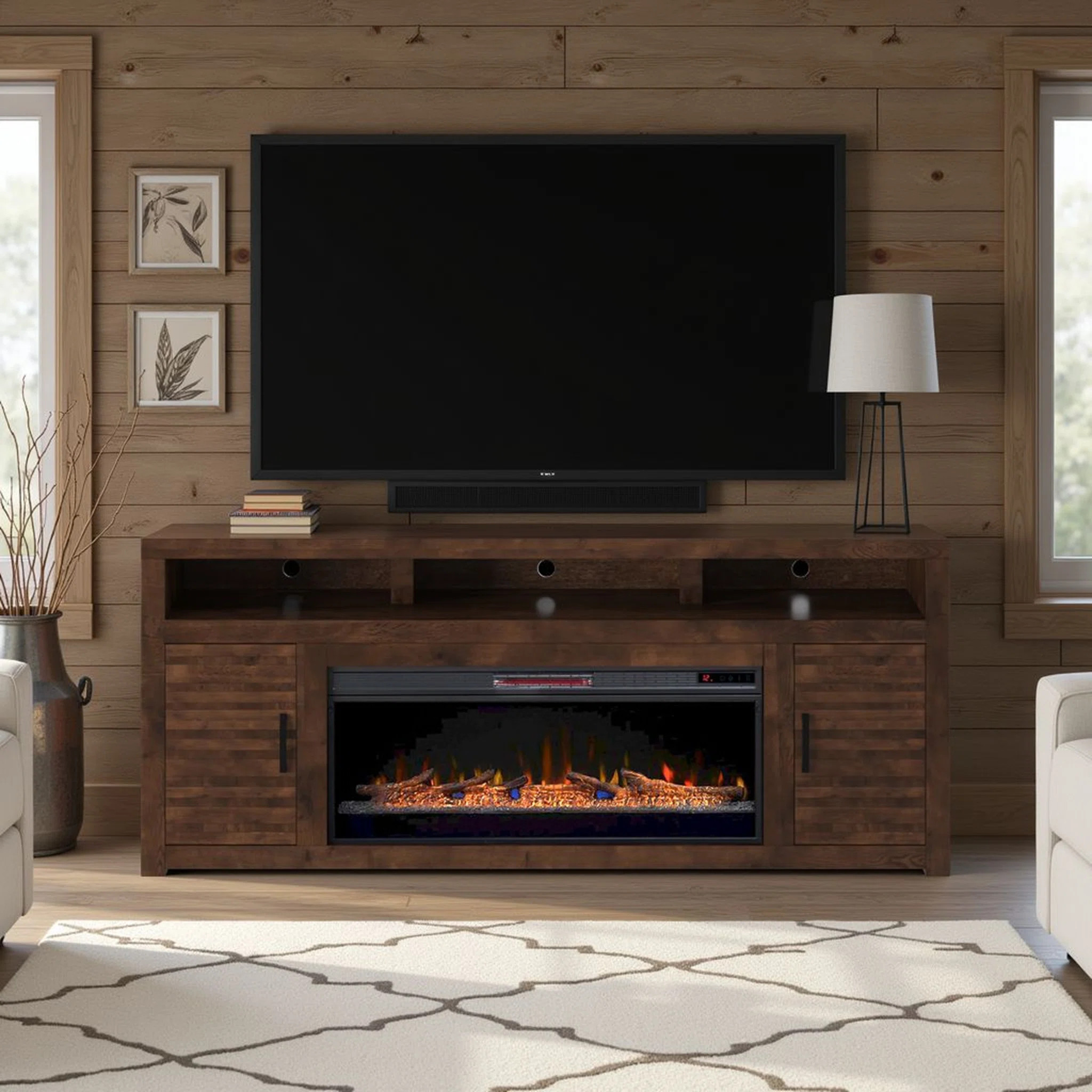 Geonna 78 inch Electric Fireplace TV Stand Console for TVs up to 90 inches, Whiskey Brown Finish | Wayfair North America