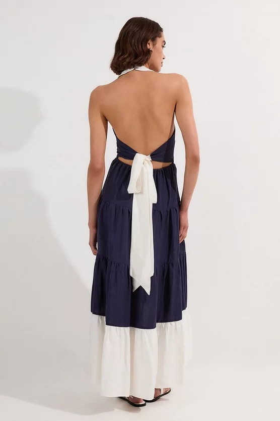 Petite Linen Viscose Colour Block Woven Tiered Halter Maxi Dress | Karen Millen UK + IE + DE + NL