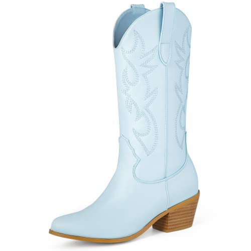 MUCCCUTE Blue Cowboy Boots for Women - Cowgirl Boots Mid Calf with Embroidery, Pointed Toe Chunky Heel Western Boots Pull On | Amazon (US)