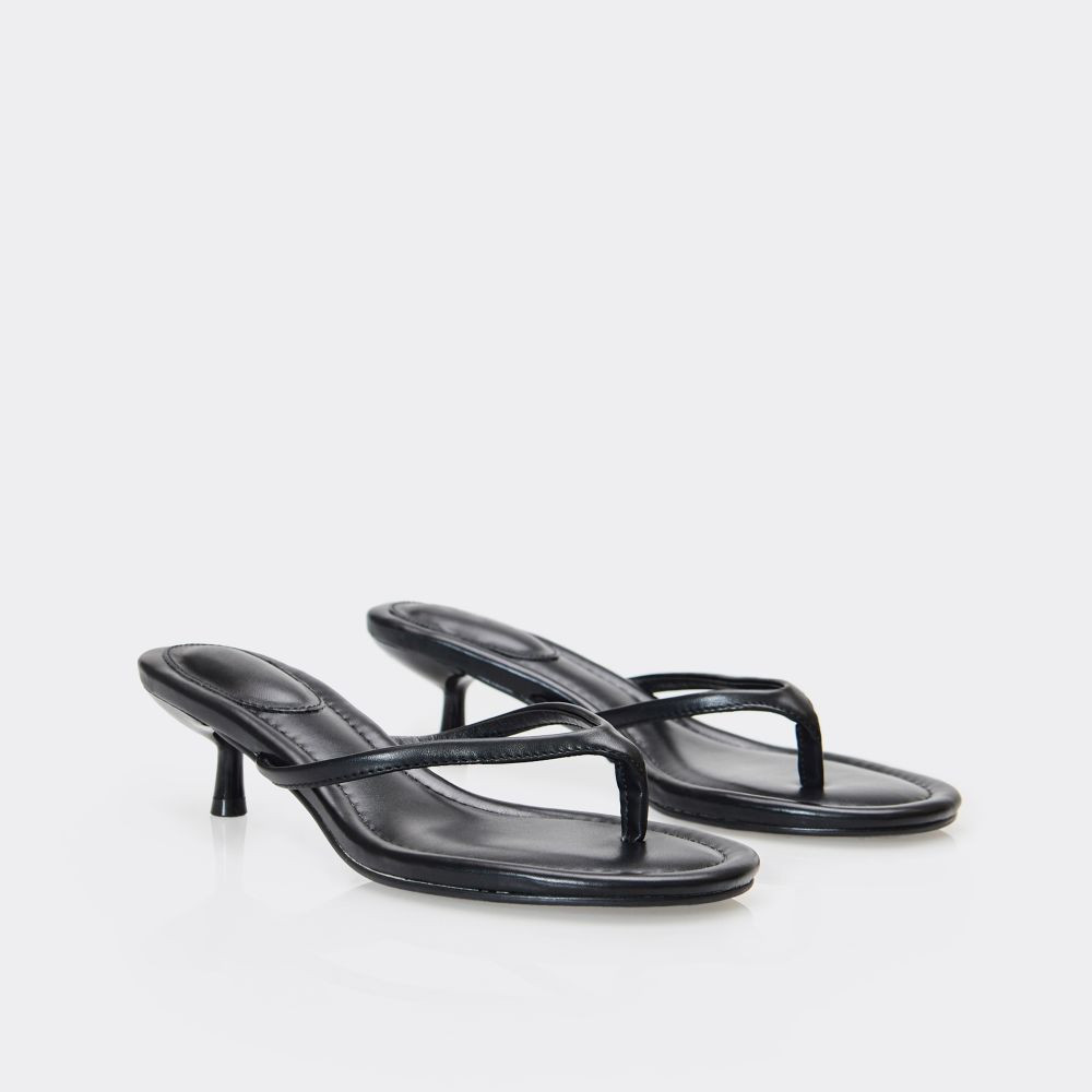 Vinny Thong Strap Kitten Heel Mule In Black Faux Leather | EGO (UK)