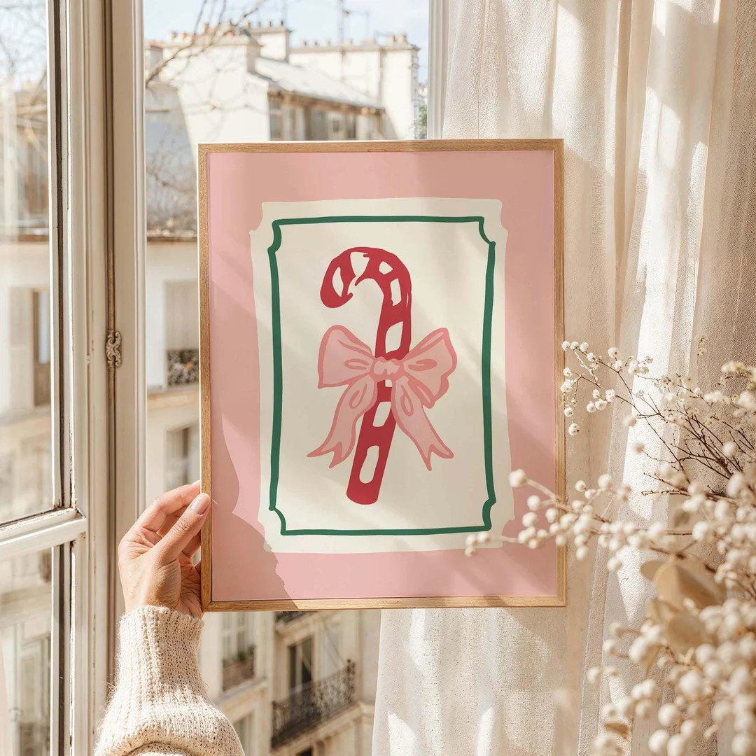 Cute Candy Cane Wall Art, Digital Art Download, Trendy Pink Christmas Print, Girly Holiday Wall A... | Etsy (US)
