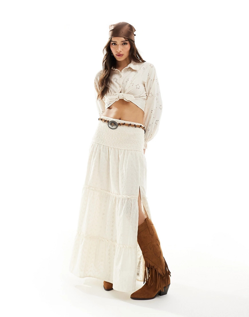 Miss Selfridge broderie tiered maxi skirt in cream-White | ASOS (Global)