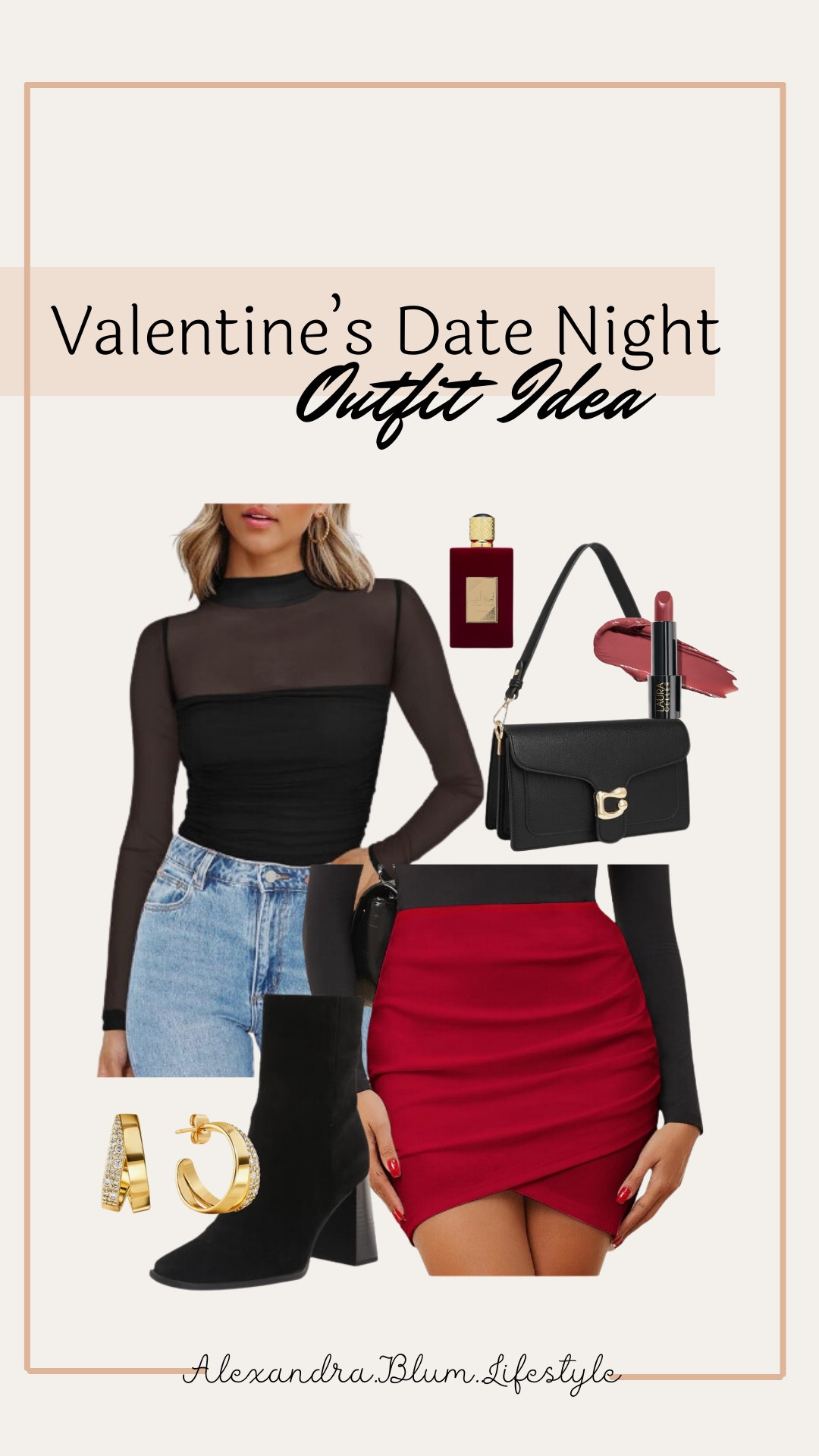 Vday outfit idea from Amazon! Valentine’s Day outfit! Date night idea! Black long sleeve mesh long sleeve top, red mini skirt black booties, black handbag, perfume, lipstick, and gold earrings! Office outfit! Amazon fashion! Amazon trends! 

#LTKItBag #LTKBeauty #LTKFindsUnder100