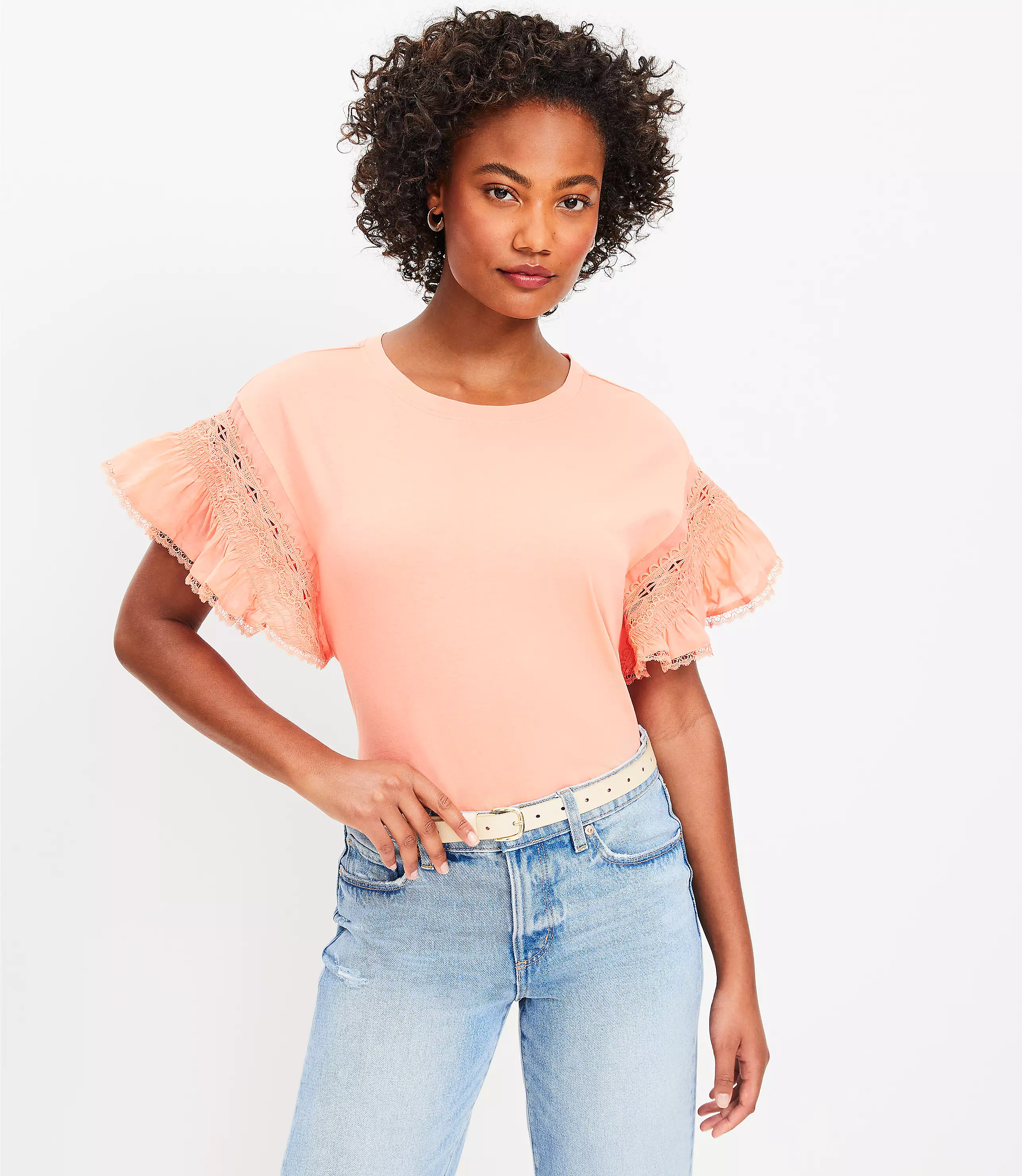 Lace Ruffle Sleeve Mixed Media Top | LOFT