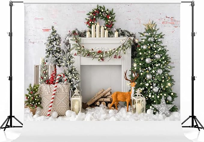 Kate 7×5ft Bokeh Bohemia Christmas Tree Photo Backdrop White Fireplace Brick Wall Xmas Photograp... | Amazon (US)