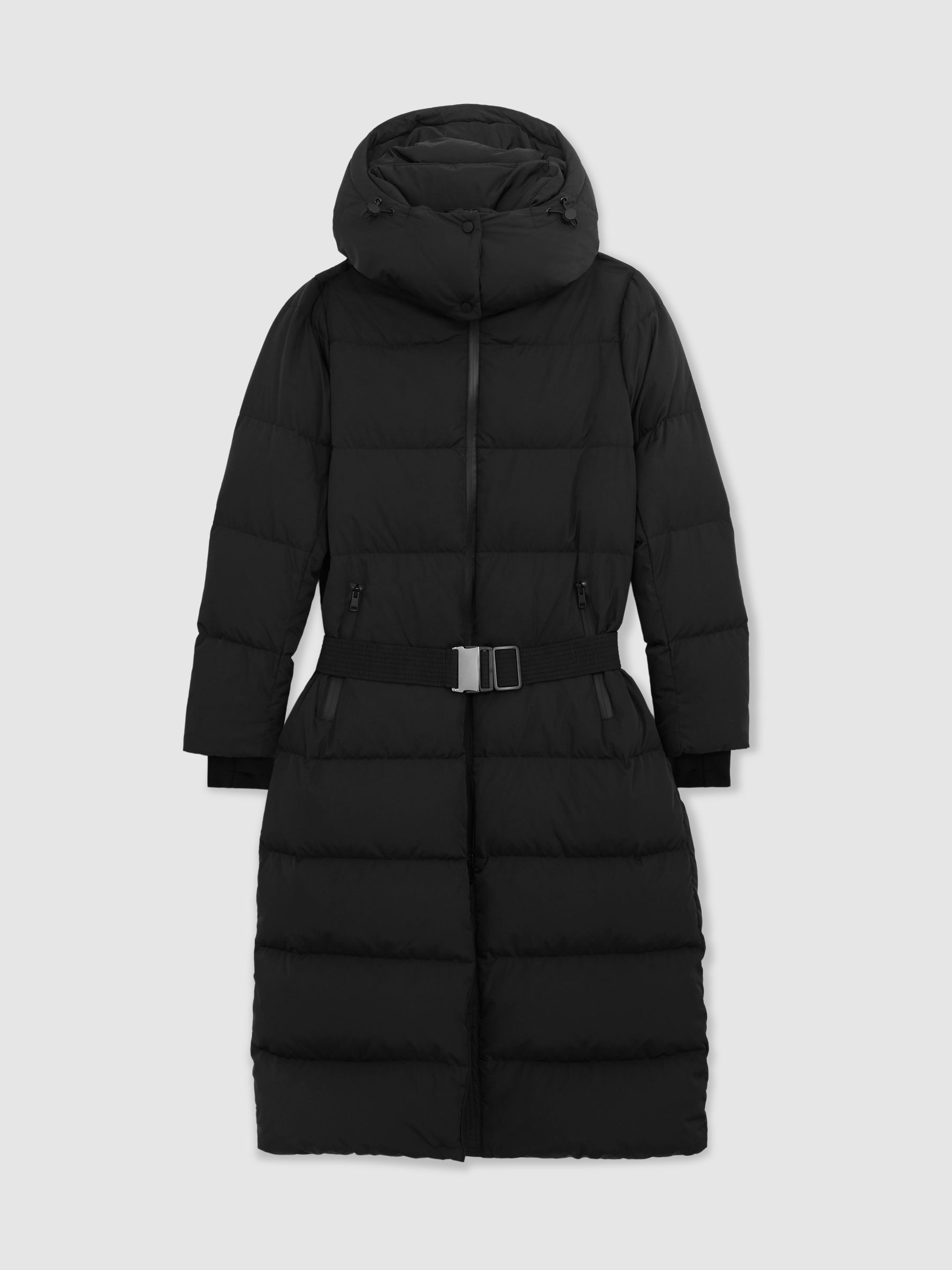 Reiss Belted Longline Hooded Puffer Coat in Black | REISS | Reiss US