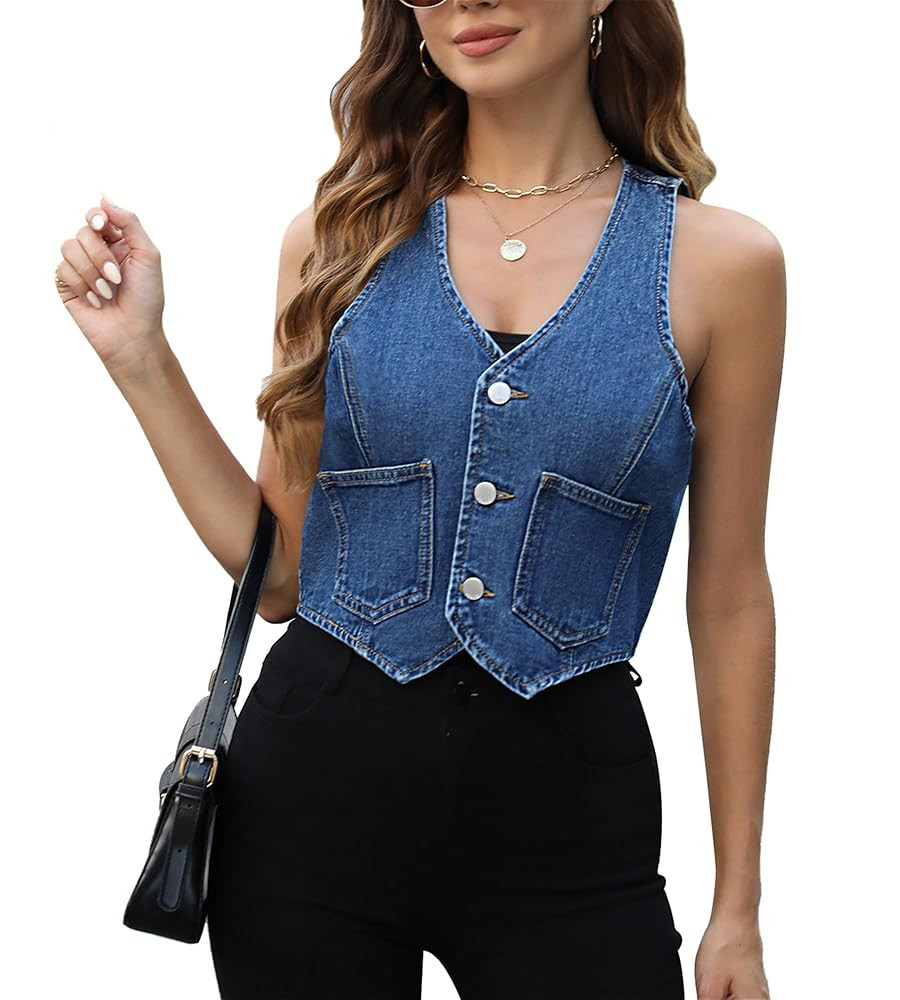 Ladyful Womens Crop Denim Vest Top Sleevelesss V Neck Jean Waistcoat Vest | Amazon (US)