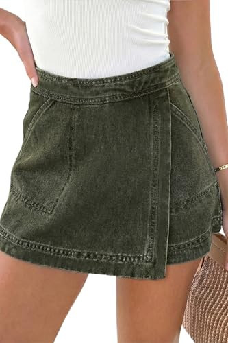 Sidefeel Skorts Skirts for Women Denim Mini Skirt Casual Summer High Waisted Jean Shorts Stretchy Green Size 12 | Amazon (US)
