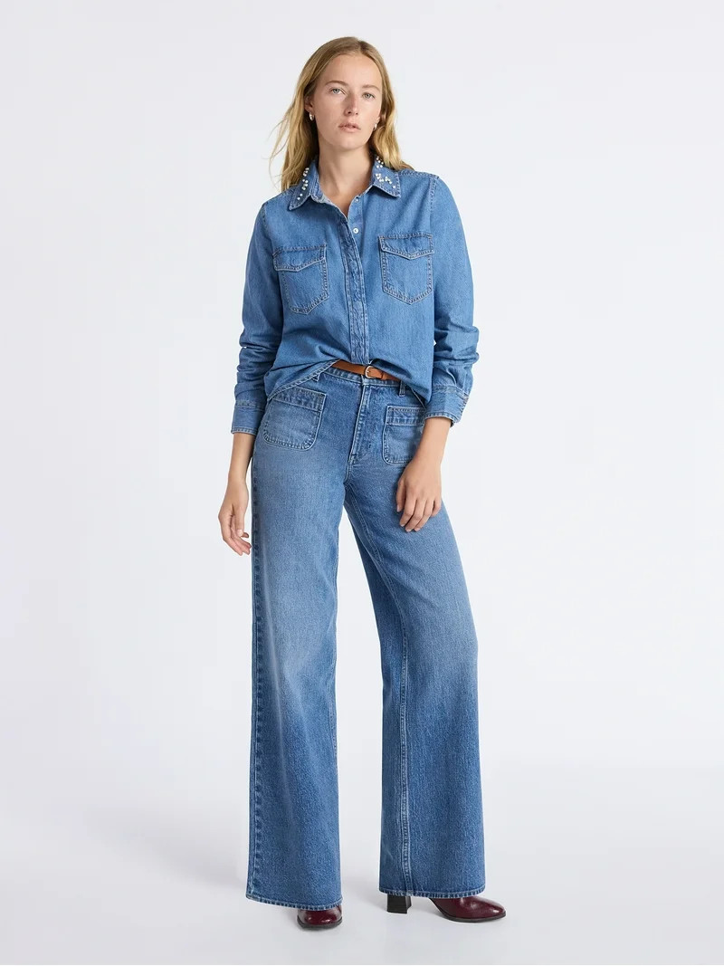 Free Assembly Women's and Women's Plus Wide Leg Jeans with Patch Pockets, 30", 32", and 34" Insea... | Walmart (US)