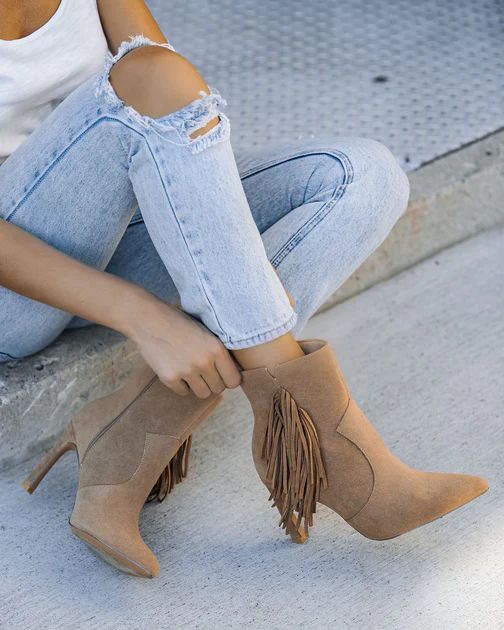 Chrissy Faux Suede Heeled Fringe Bootie - Khaki | VICI Collection