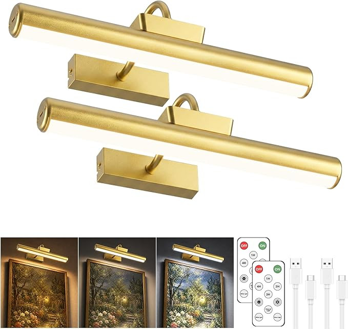 13" Wireless Picture Lights for Wall, Rechargeable Art Light, 2Pack Gold | Amazon (US)