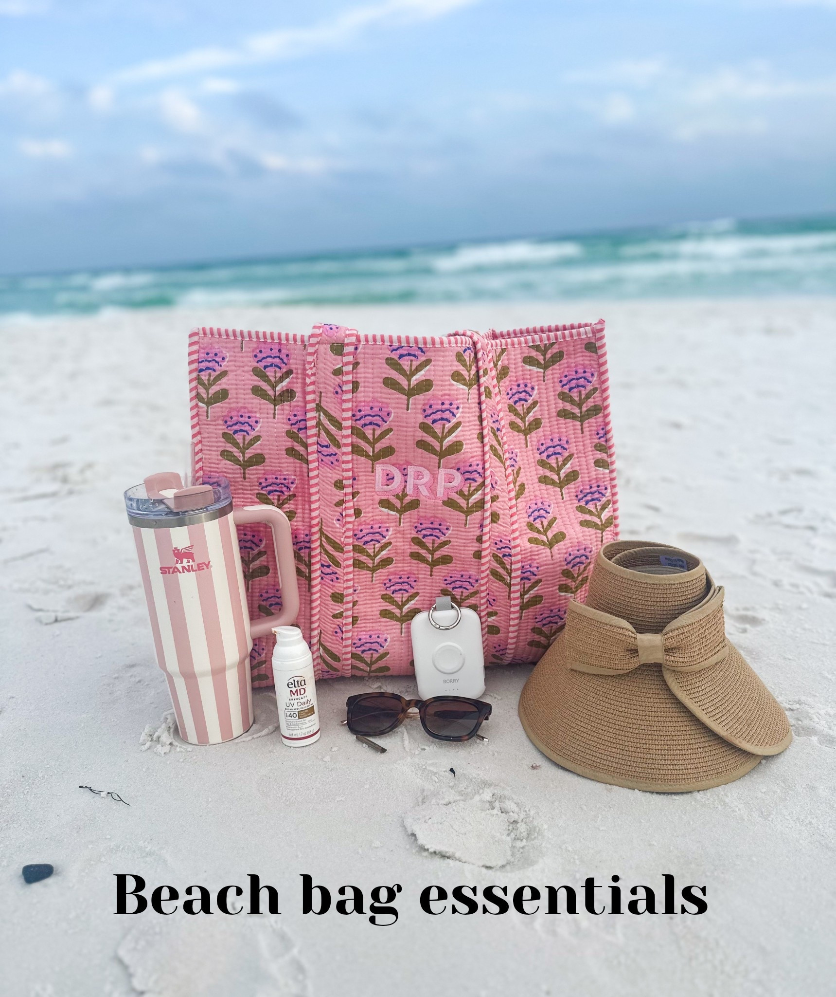 Some of my beach bag essentials: first off feat. the cutest personalized monogrammed custom block print bag from MelodyFayeGifts. 😍 They make the best personalized gifts, customized tumblers, bags and totes . Great gift idea for mother day. 

Also loving my new Stanley pink cabana striped tumbler, tinted moisturizer sunscreen, tortoise sunglasses, portable charger & roll up/packable sun hat 👌🏼

#LTKSwim #LTKGiftGuide #LTKTravel