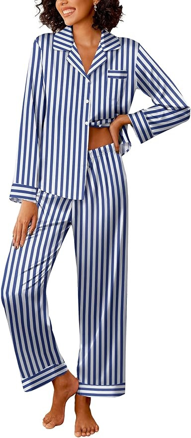 Ekouaer Womens Silk Satin Pajama Sets 2 Piece Sleepwear Pjs Set Long Sleeve Button Down Top and P... | Amazon (US)