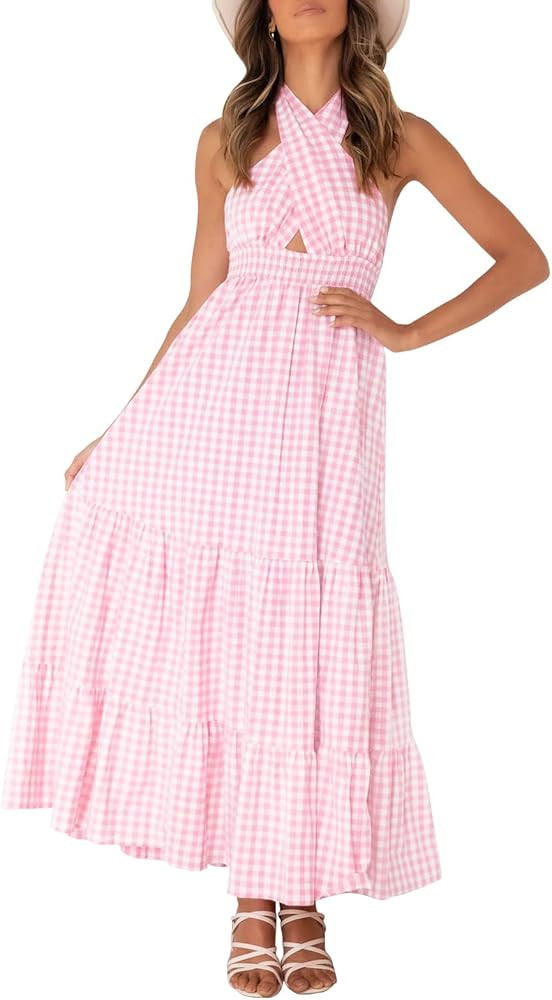 ZESICA Women's 2023 Summer Crossover Halter Neck Sleeveless Plaid Cut Out Backless Flowy A Line M... | Amazon (US)