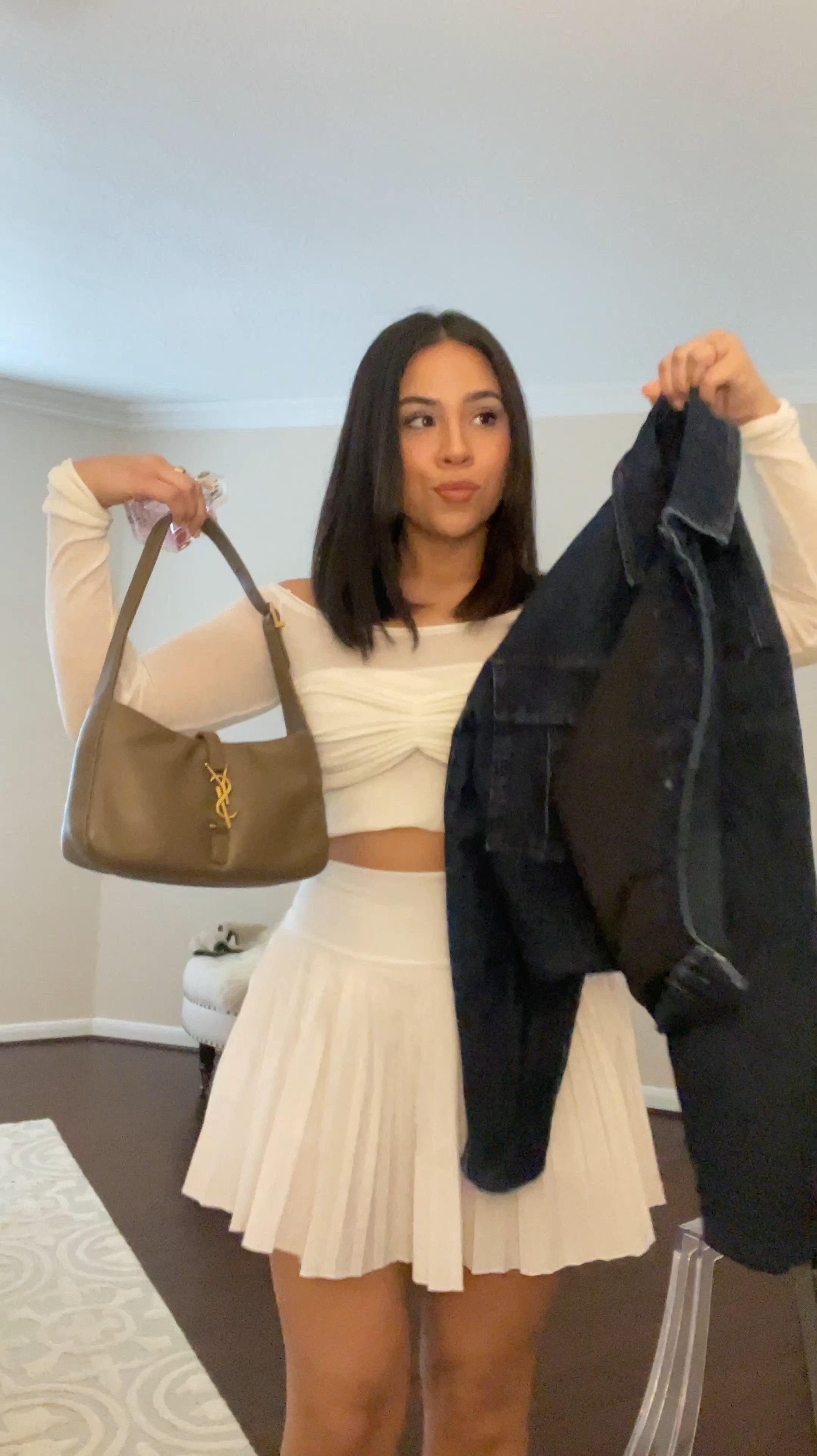 Off the shoulder top: small 
Denim jacket: small 
Pleated tennis skort: small 
Scrunch ankle socks 
Black platform loafers: 6.5 
Ysl shoulder bag 
Miss Dior perfume 
Ysl beauty love shine lip balm 

#LTKPetite #LTKStyleTip #LTKFindsUnder100