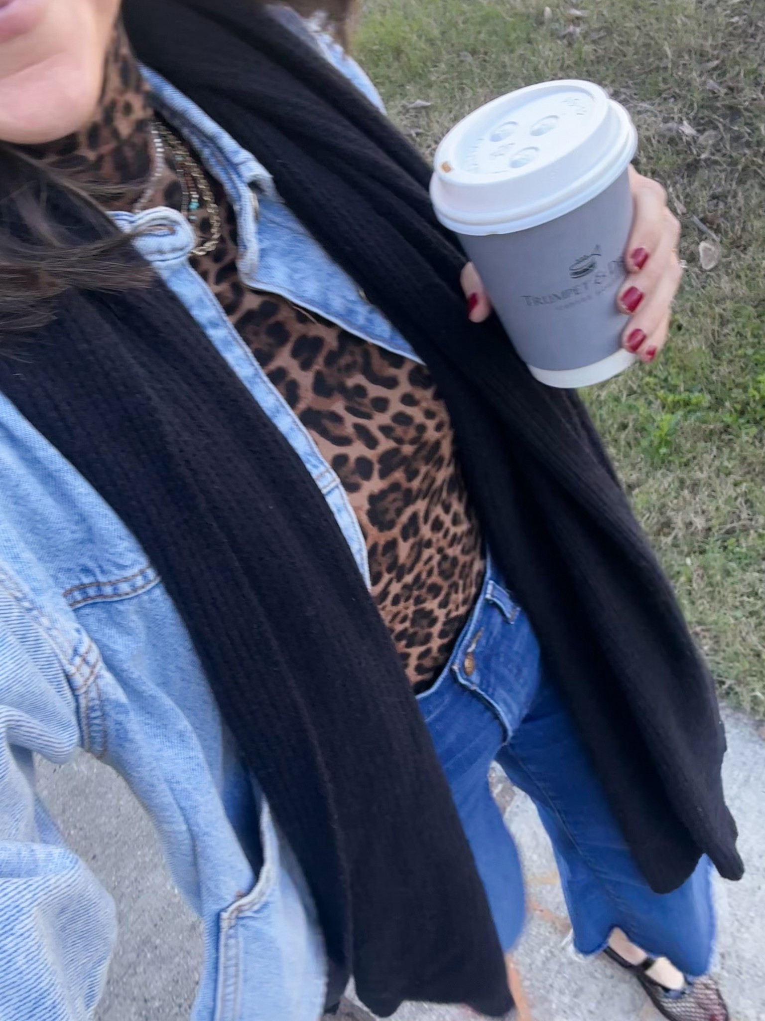 Leopard turtleneck 
Mesh flats 
Zara denim jacket 

#LTKFindsUnder100 #LTKOver40
