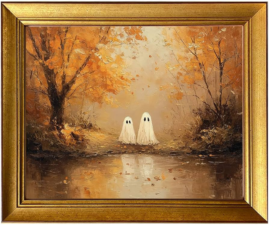Vintage Cute Halloween Print Fall Decor Gold Framed Ghosts by Lake Wall Art Moody Landscape Paint... | Amazon (US)