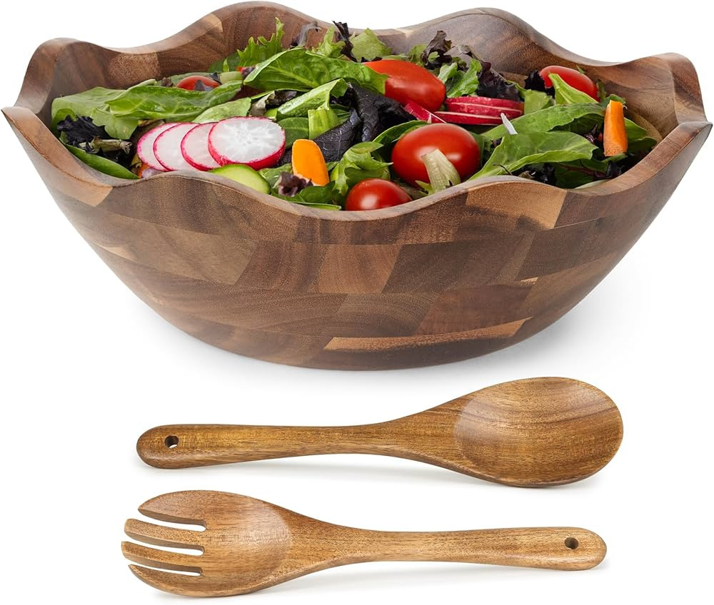 Wood Salad Bowl with Serving Utensils - Large Scalloped Decorative 12" Acacia Wooden Mixing Bowls... | Amazon (US)