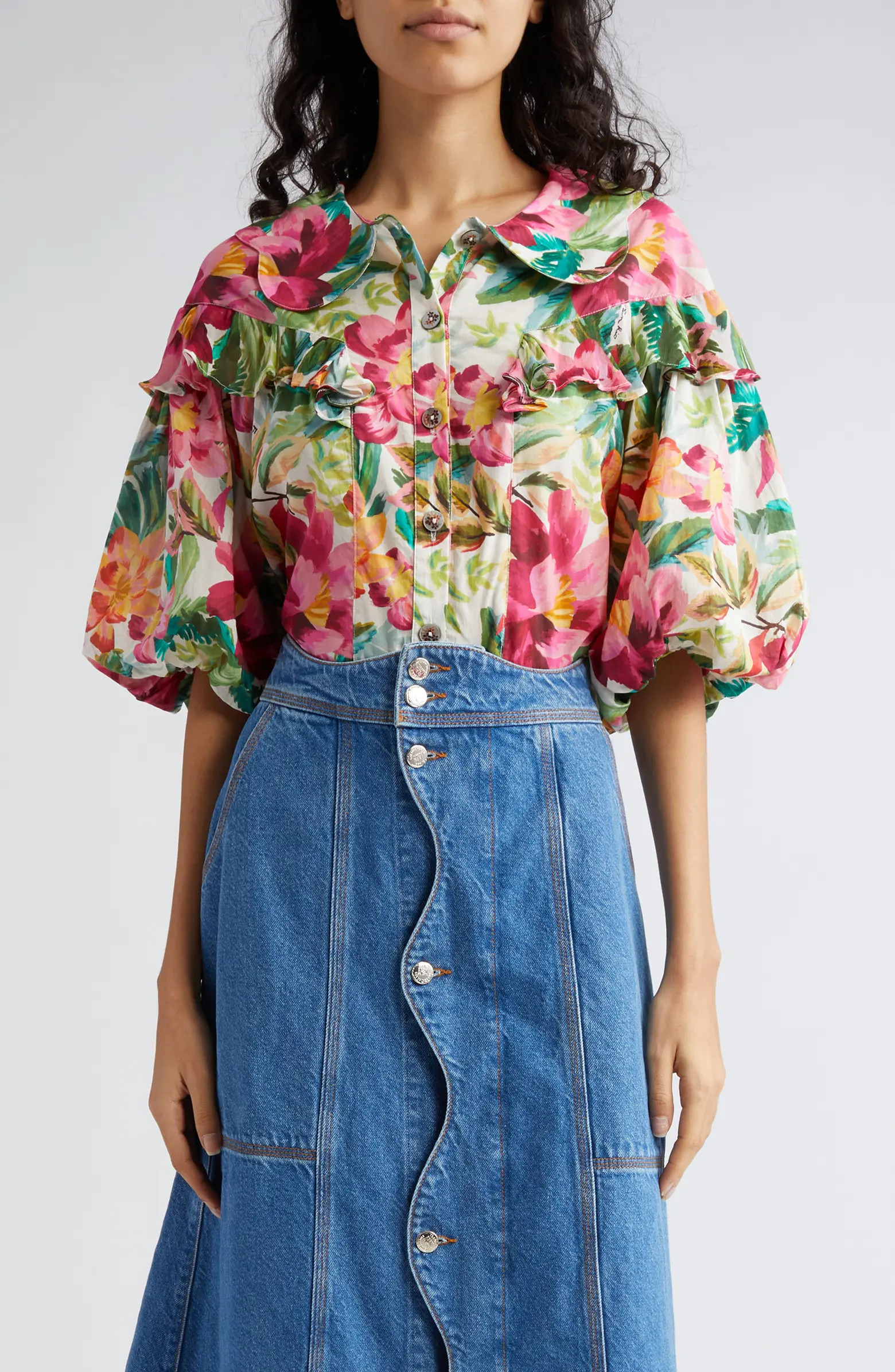 FARM Rio Painted Flowers Ruffle Puff Sleeve Cotton Button-Up Shirt | Nordstrom | Nordstrom