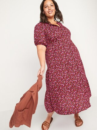 Floral Puff-Sleeve Button-Front Midi Swing Dress for Women | Old Navy (US)