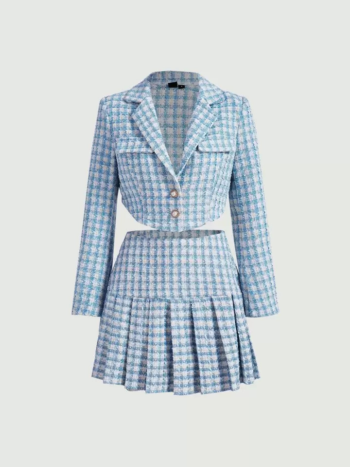 SHEIN MOD Double Button Front Tweed Blazer & Pleated Skirt | SHEIN