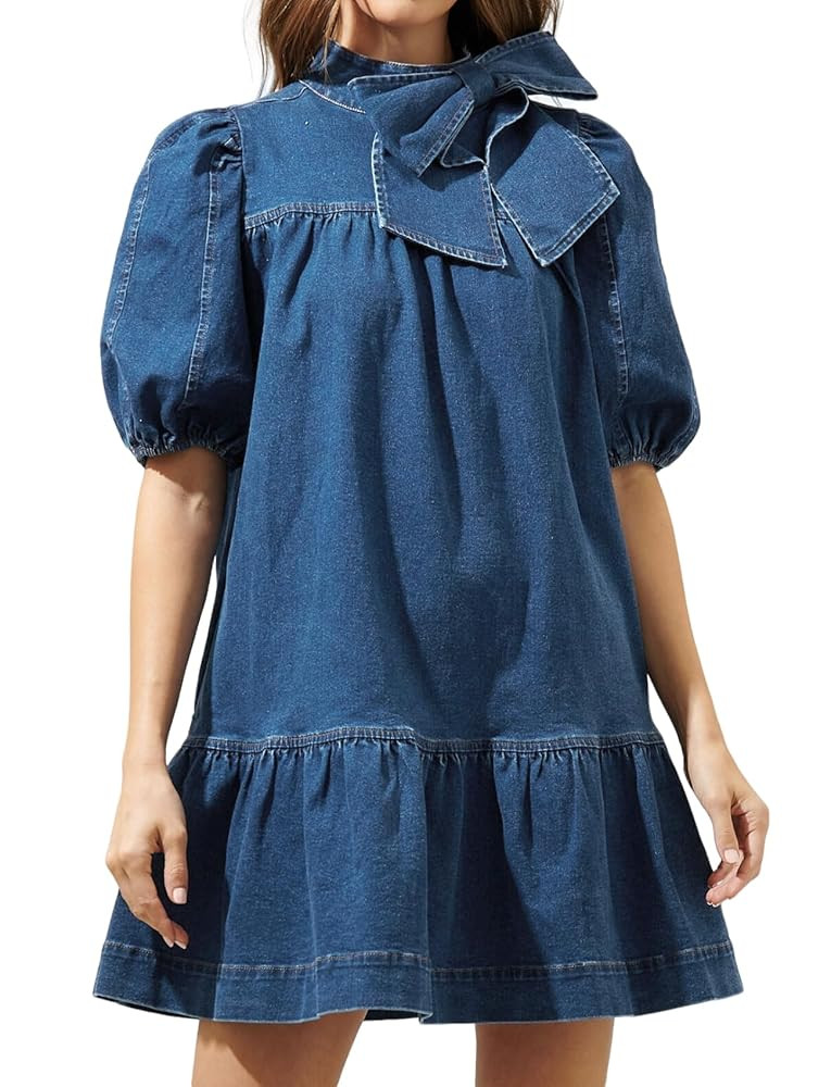 Women Summer Puff Short Sleeve Denim Dress Mock Neck Babydoll Jean Dress with Bow | Amazon (US)