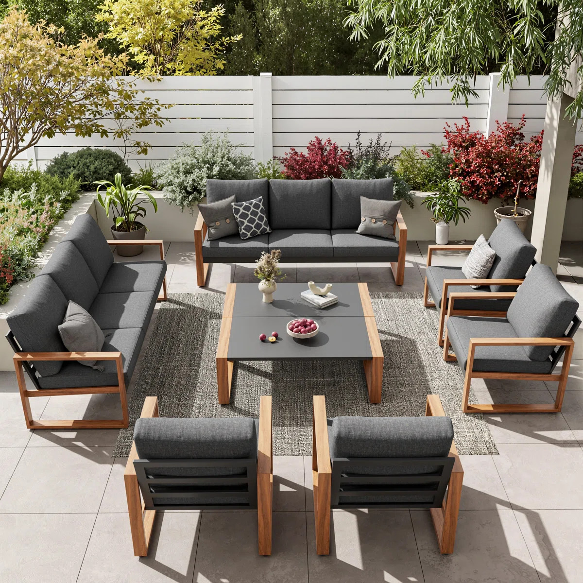Arunas 10-Person Outdoor Conversation Furniture Set with Wood Grain Pattern & Cushions | Wayfair North America