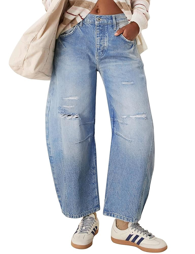 Qazel Vorrlon Womens Ripped Barrel Jeans Stretch Y2K 2025 Trendy High Waisted Baggy Boyfriend Wid... | Amazon (US)