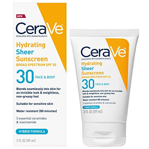 CeraVe Hydrating Sheer Sunscreen SPF 30 for Face and Body, Mineral & Chemical Sunscreen with Zinc Oxide, Hyaluronic Acid, Niacinamides and Ceramides, Paraben Free Fragrance Free, 3 Ounces | Amazon (US)