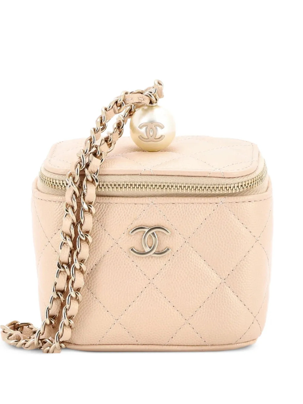 CHANEL Pre-Owned Classic Pearl Vanity Case with Chain Quilted Caviar Mini clutch bag - Metallic | Farfetch Global